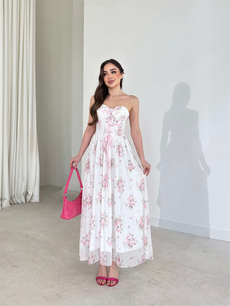 İnce Askılı İp Detaylı Desenli Albinia Ekru Kadın Elbise 26Y146