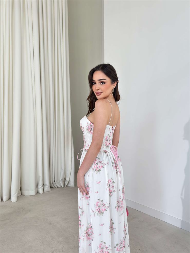 İnce Askılı İp Detaylı Desenli Albinia Ekru Kadın Elbise 26Y146