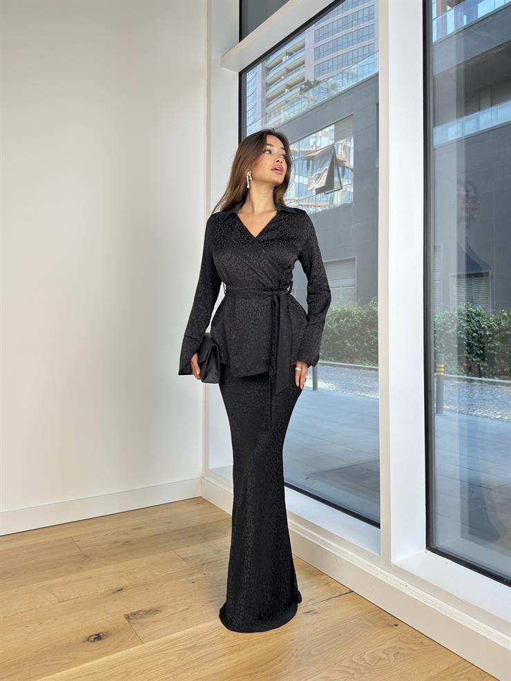 Kruvaze Yaka Belden Bağlamalı Üst Yüksek Bel Balık Model Etek Albiona Kadın Siyah Saten Takım 24Y844