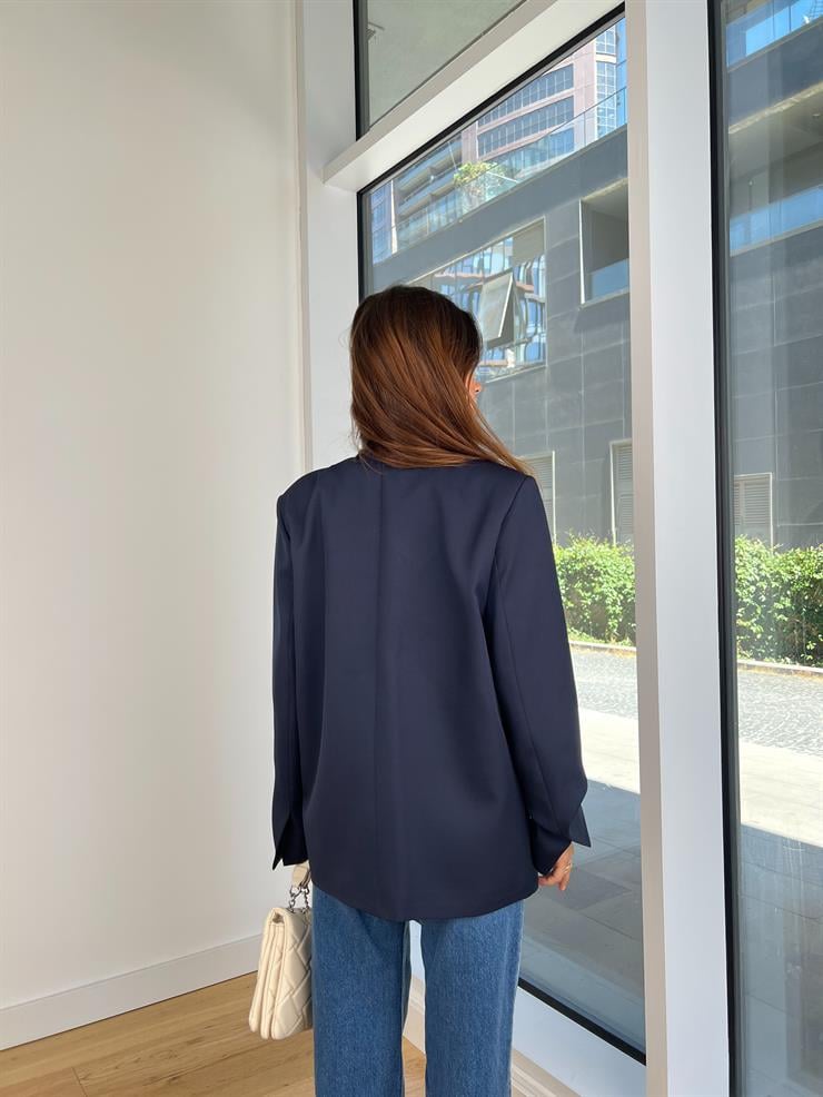 Omuz Vatkalı Önü Bağlamalı Aldina Kadın Lacivert Blazer Ceket 24Y846