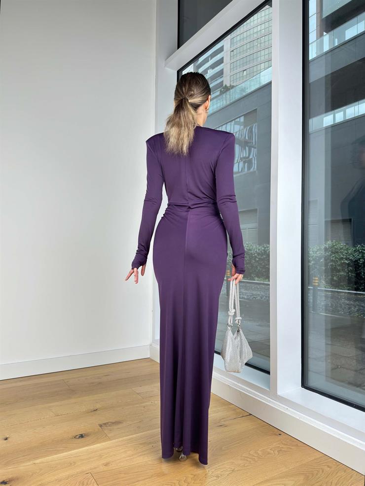 Kruvaze Yaka Omuz Vatkalı Önü Büzgülü Aldrin Mor Kadın Elbise 25K415