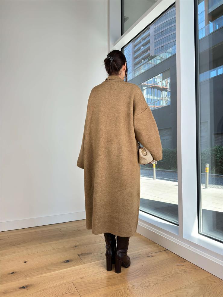 Nakışlı Alen Camel Kadın Uzun Triko Hırka 25K259