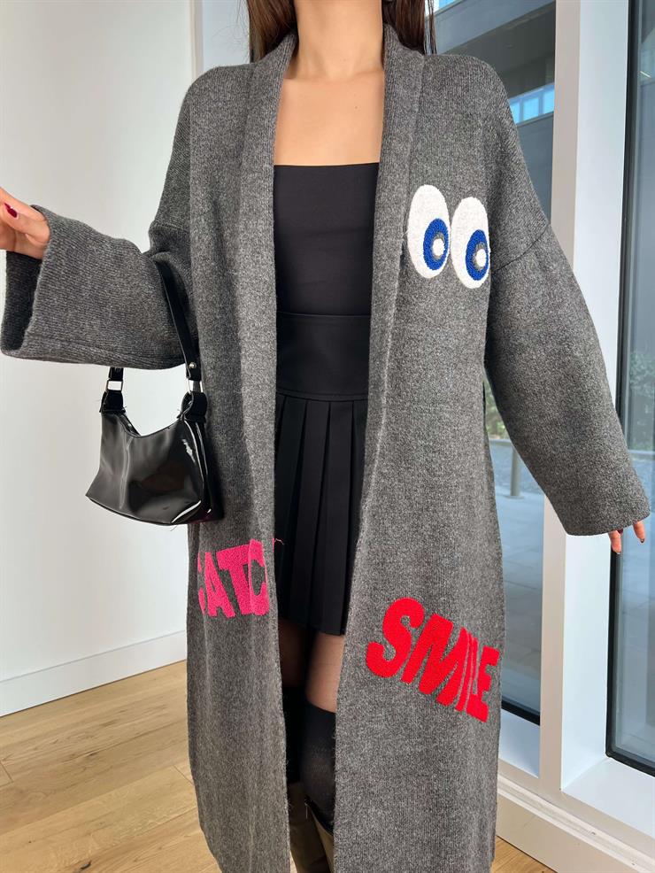 Nakışlı Alen Antrasit Kadın Uzun Triko Hırka 25K259