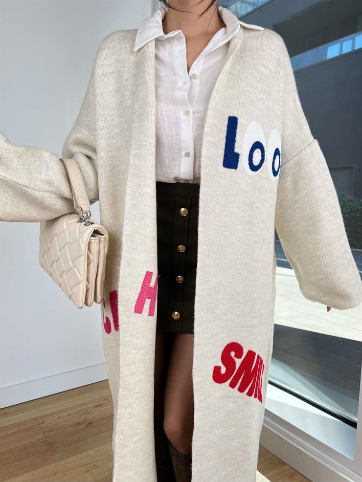 Nakışlı Alen Taş Kadın Uzun Triko Hırka 25K259