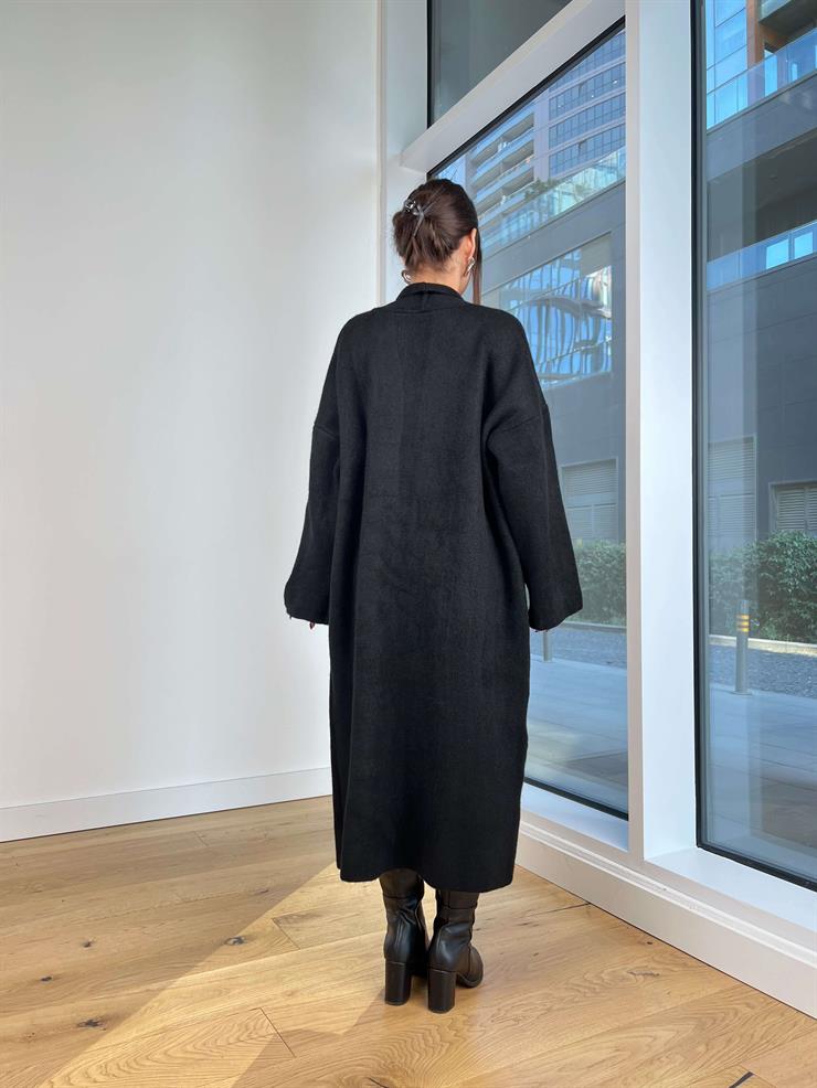 Nakışlı Alen Siyah Kadın Uzun Triko Hırka 25K259