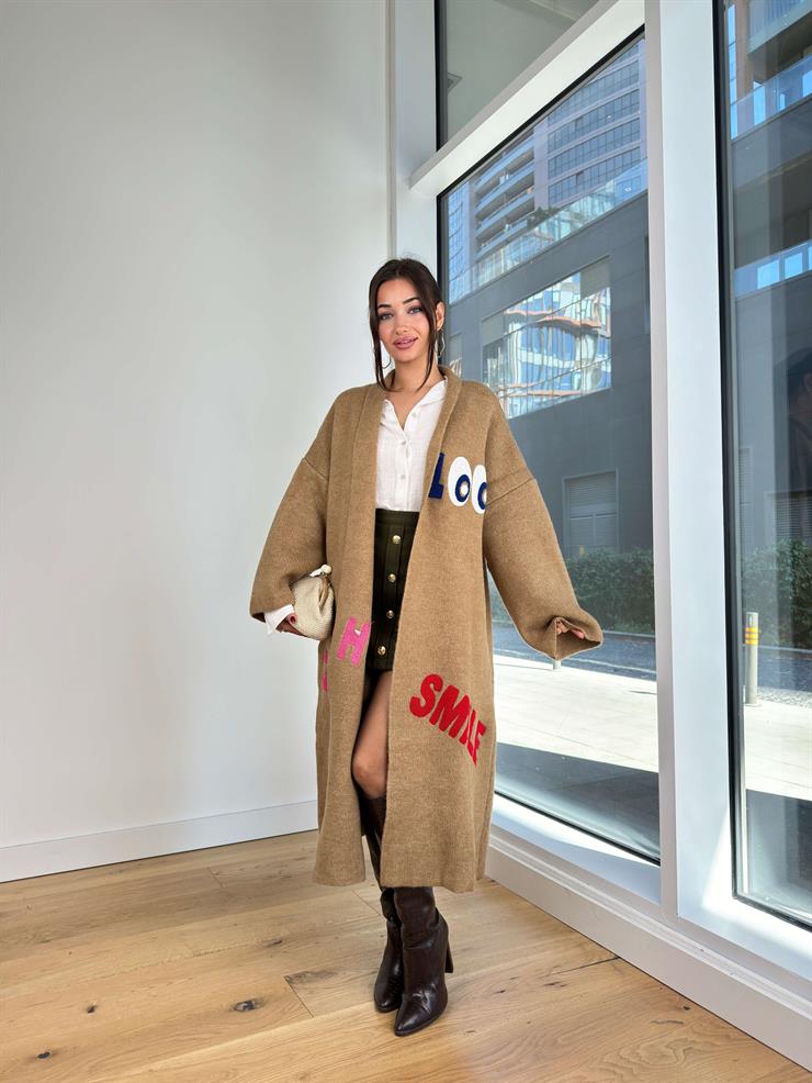 Nakışlı Alen Camel Kadın Uzun Triko Hırka 25K259