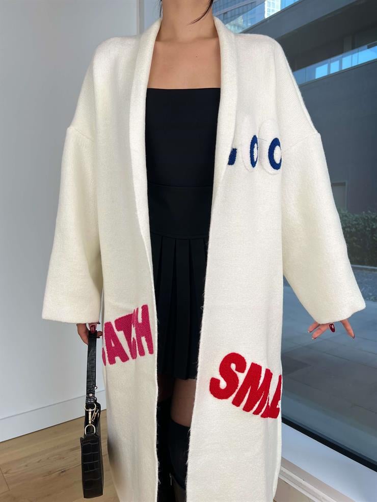 Nakışlı Alen Ekru Kadın Uzun Triko Hırka 25K259