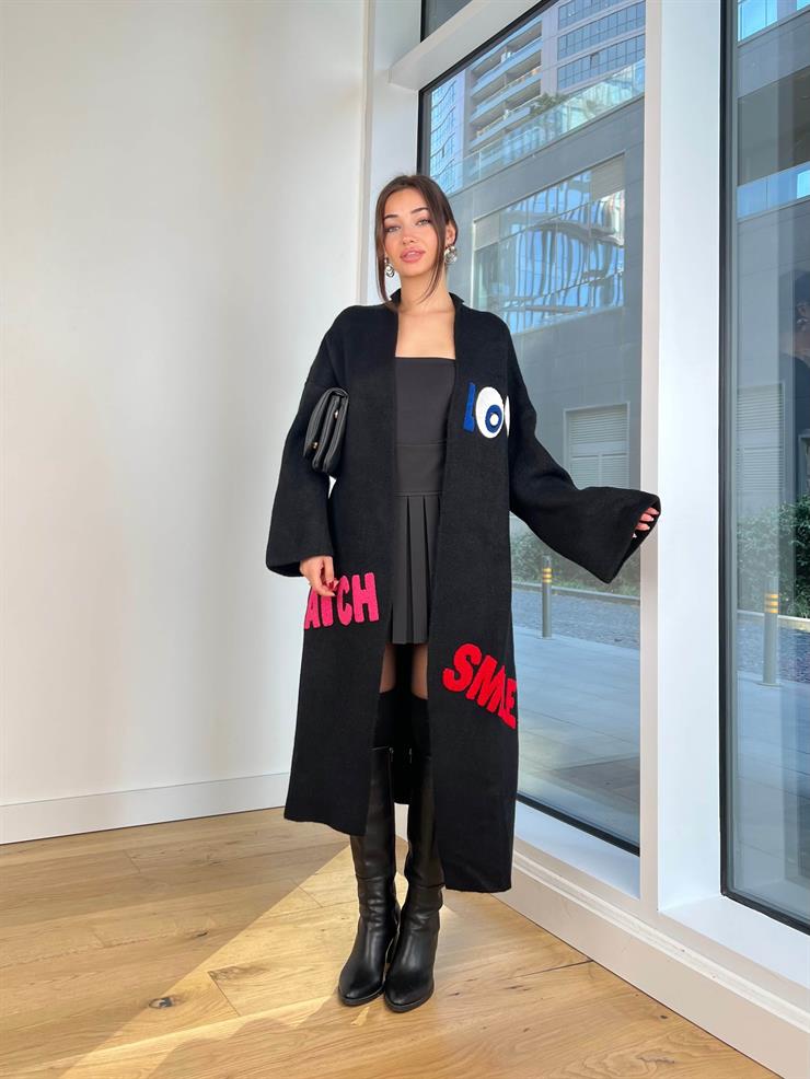 Nakışlı Alen Siyah Kadın Uzun Triko Hırka 25K259