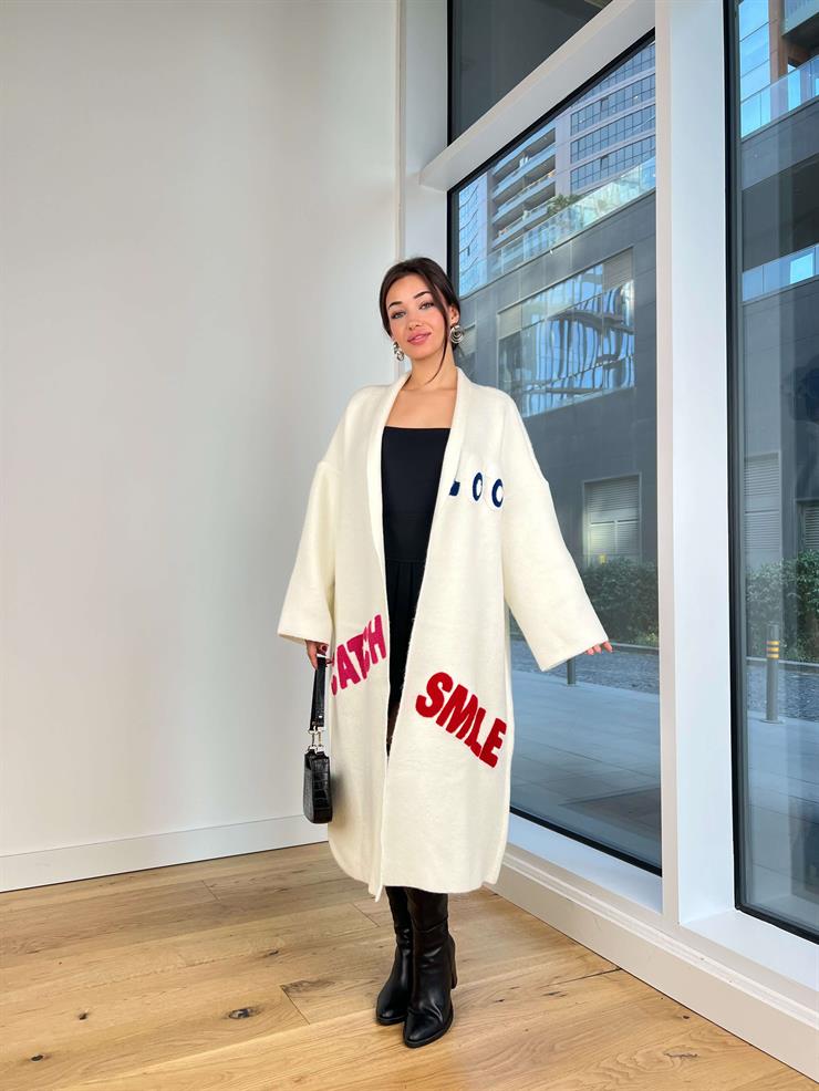 Nakışlı Alen Ekru Kadın Uzun Triko Hırka 25K259