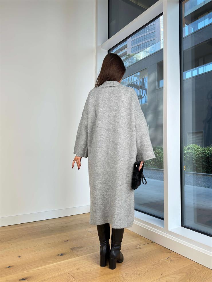 Nakışlı Alen Gri Kadın Uzun Triko Hırka 25K259