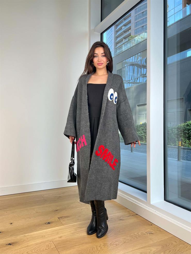 Nakışlı Alen Antrasit Kadın Uzun Triko Hırka 25K259