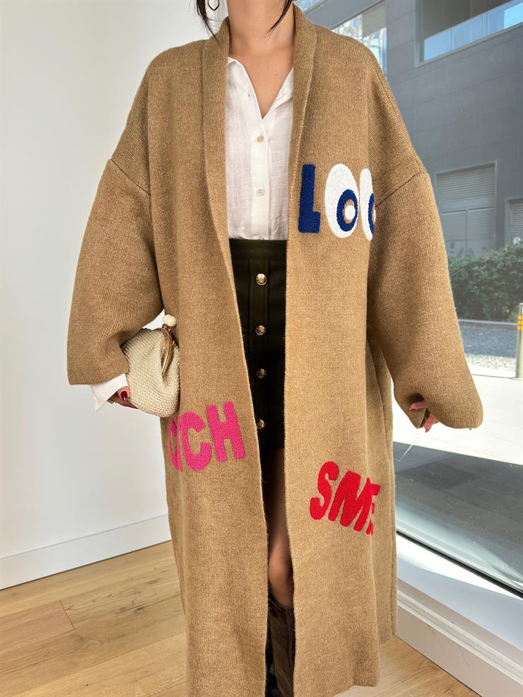 Nakışlı Alen Camel Kadın Uzun Triko Hırka 25K259