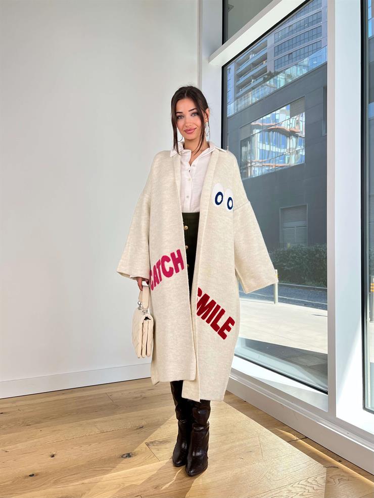 Nakışlı Alen Taş Kadın Uzun Triko Hırka 25K259