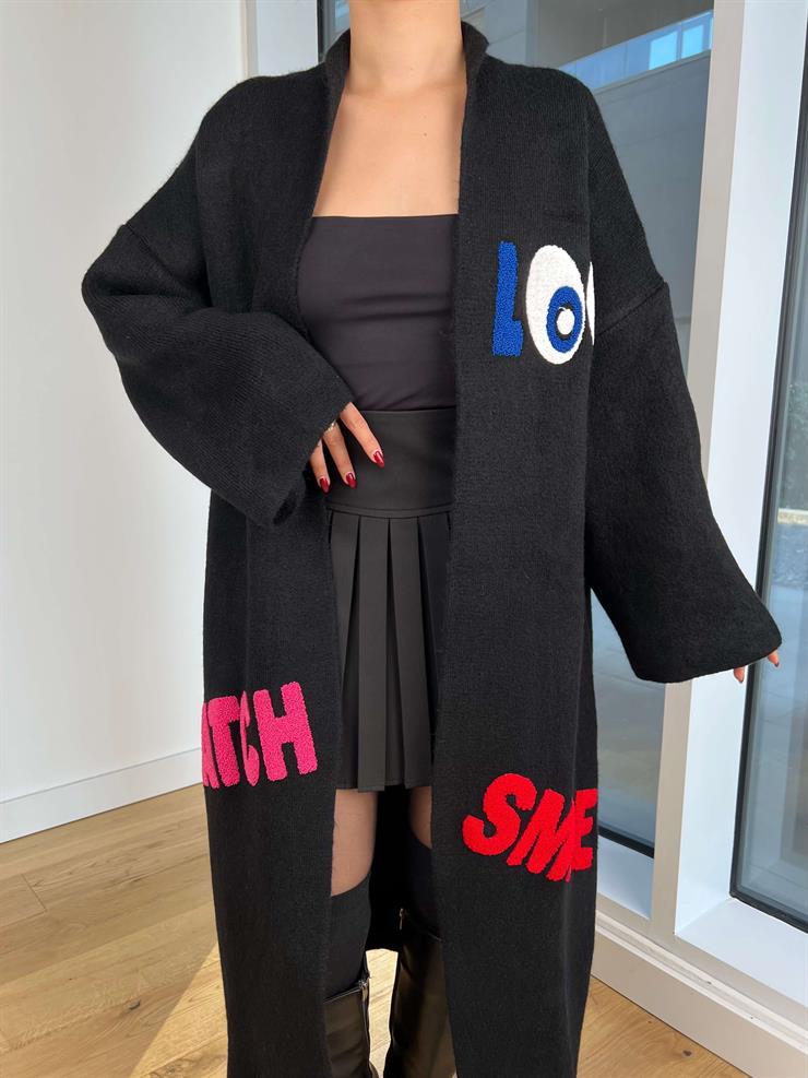 Nakışlı Alen Siyah Kadın Uzun Triko Hırka 25K259