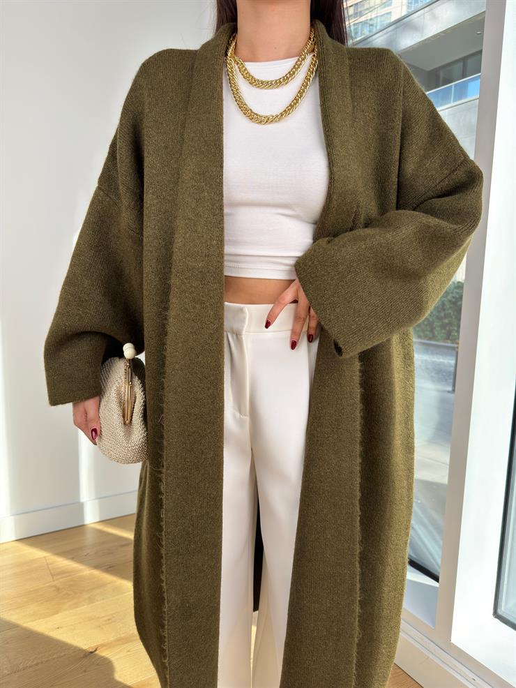 Kolları Bol Alens Kadın Haki Salaş Triko Hırka 24k000176