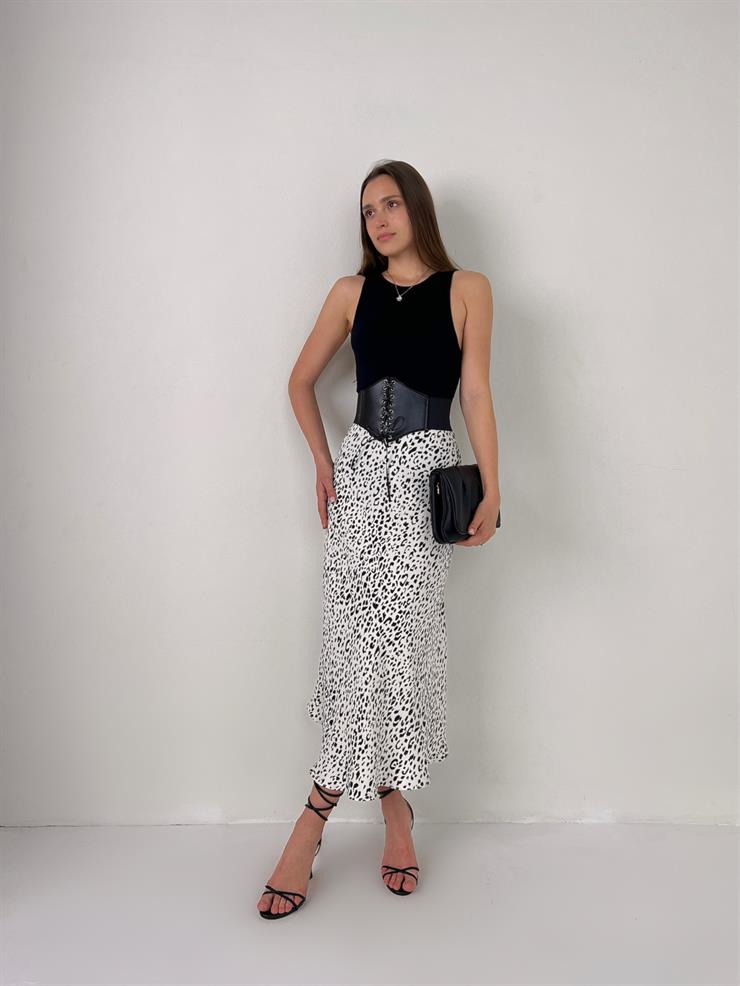 Saten Ales Kadın Leopar Desenli Midi Etek 23Y000093