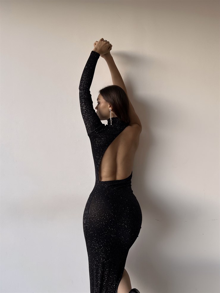 Derin Yırtmaçlı Sırt Dekolteli Tek Kol Alessi Kadın Midi Siyah Elbise 23K000379