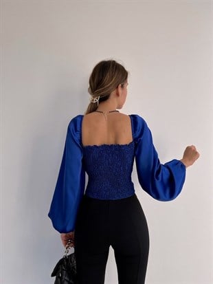 Etek Kısmı Bağcıklı Balon Kol Drape Alexa Kadın Saks Bluz 22K000496