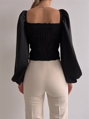 Etek Kısmı Bağcıklı Balon Kol Drape Alexa Kadın Siyah Bluz 22K000496