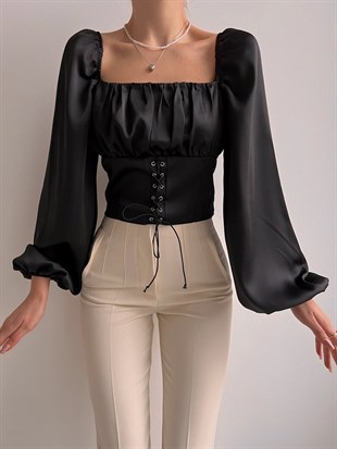 Etek Kısmı Bağcıklı Balon Kol Drape Alexa Kadın Siyah Bluz 22K000496