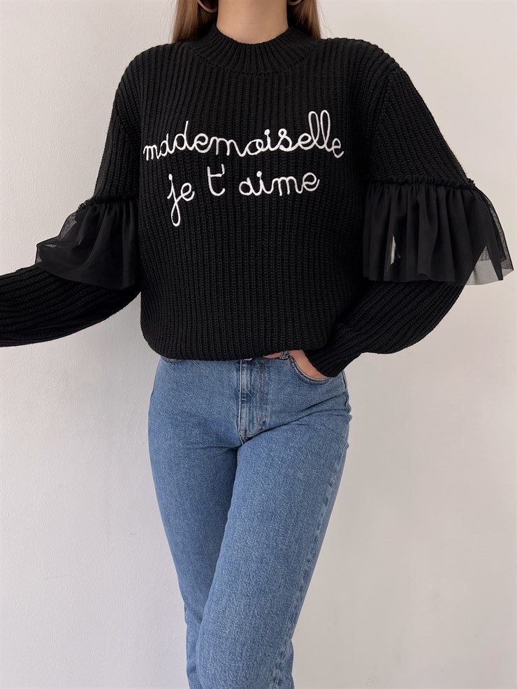 Bisiklet Yaka Kol Tül Detaylı Alexia Kadın Siyah Kazak 23K000291