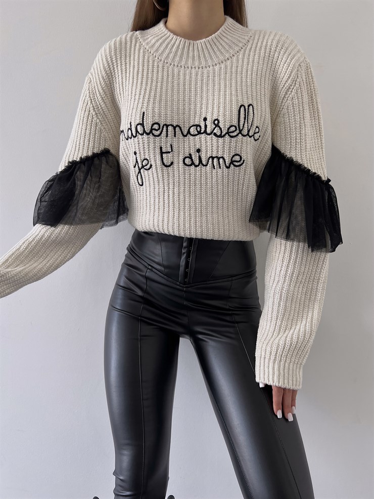 Bisiklet Yaka Kol Tül Detaylı Alexia Kadın Taş Kazak 23K000291