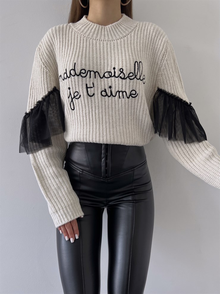 Bisiklet Yaka Kol Tül Detaylı Alexia Kadın Taş Kazak 23K000291