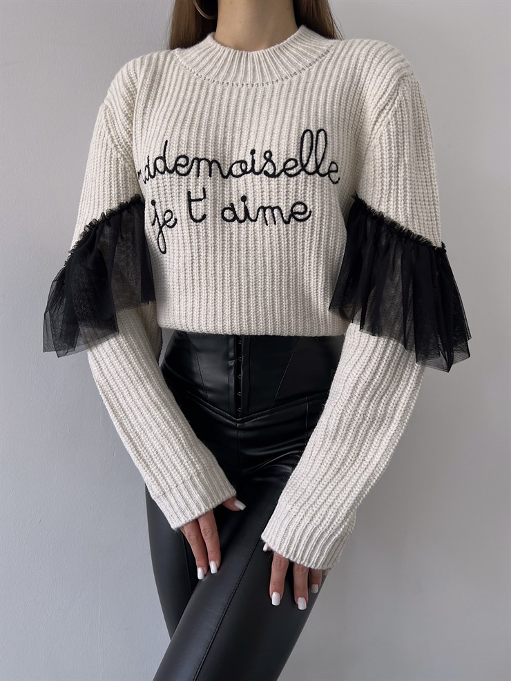 Bisiklet Yaka Kol Tül Detaylı Alexia Kadın Taş Kazak 23K000291