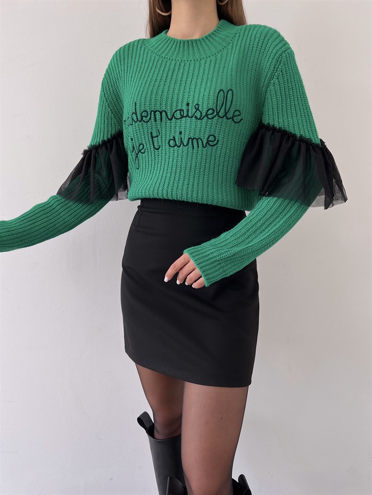 Bisiklet Yaka Kol Tül Detaylı Alexia Kadın Yeşil Kazak 23K000291