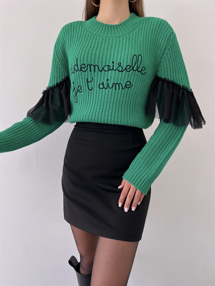 Bisiklet Yaka Kol Tül Detaylı Alexia Kadın Yeşil Kazak 23K000291