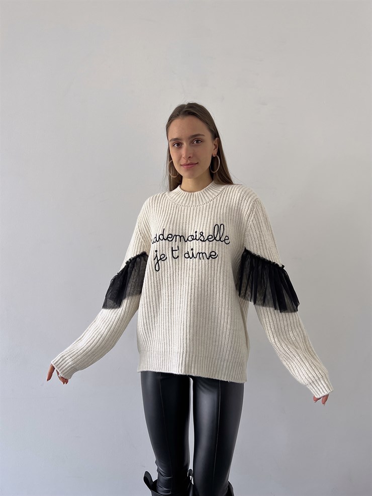 Bisiklet Yaka Kol Tül Detaylı Alexia Kadın Taş Kazak 23K000291