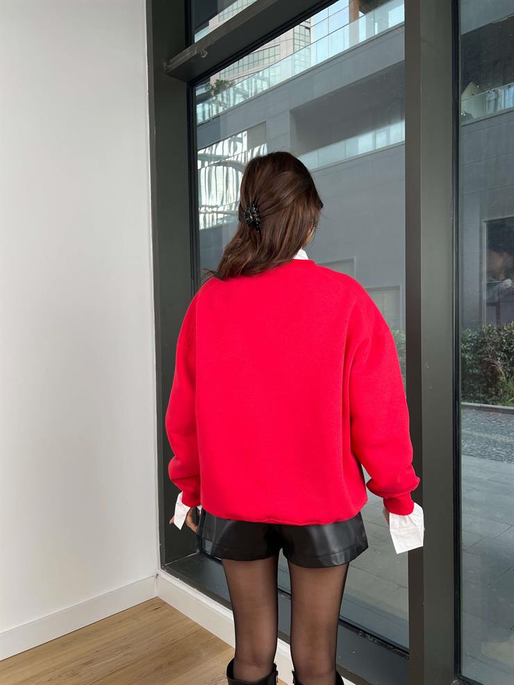 Bisiklet Yaka Yazılı Alfonso Kadın Kırmızı Sweatshirt 24k339