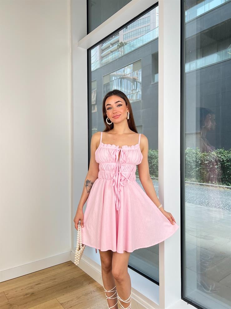 İnce Askılı Üst Kısmı Büzgü Detaylı Aliet Kadın Pembe Mini Elbise 24Y721