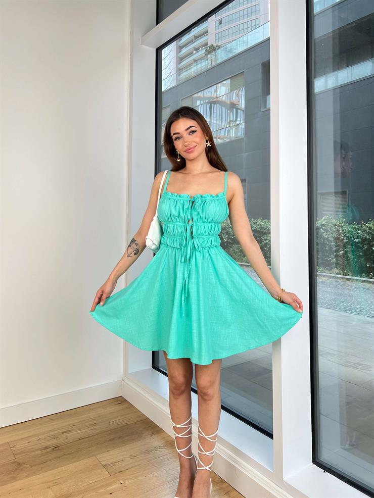 İnce Askılı Üst Kısmı Büzgü Detaylı Aliet Kadın Mint Mini Elbise 24Y721