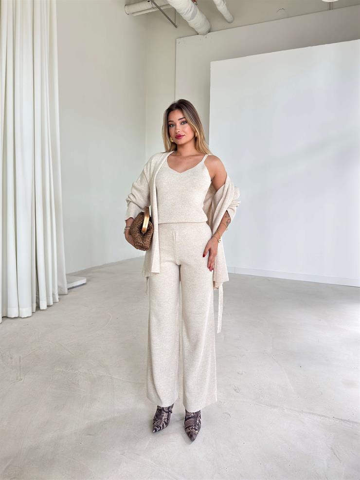 Hırkası Kuşaklı V Yaka Askılı Alint Üçlü Kadın Taş Triko Takım 26K095