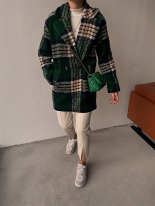 Büyük Ekoseli Kruvaze Alise Kadın Yeşil Kaban 22K000200