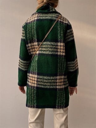 Büyük Ekoseli Kruvaze Alise Kadın Yeşil Kaban 22K000200