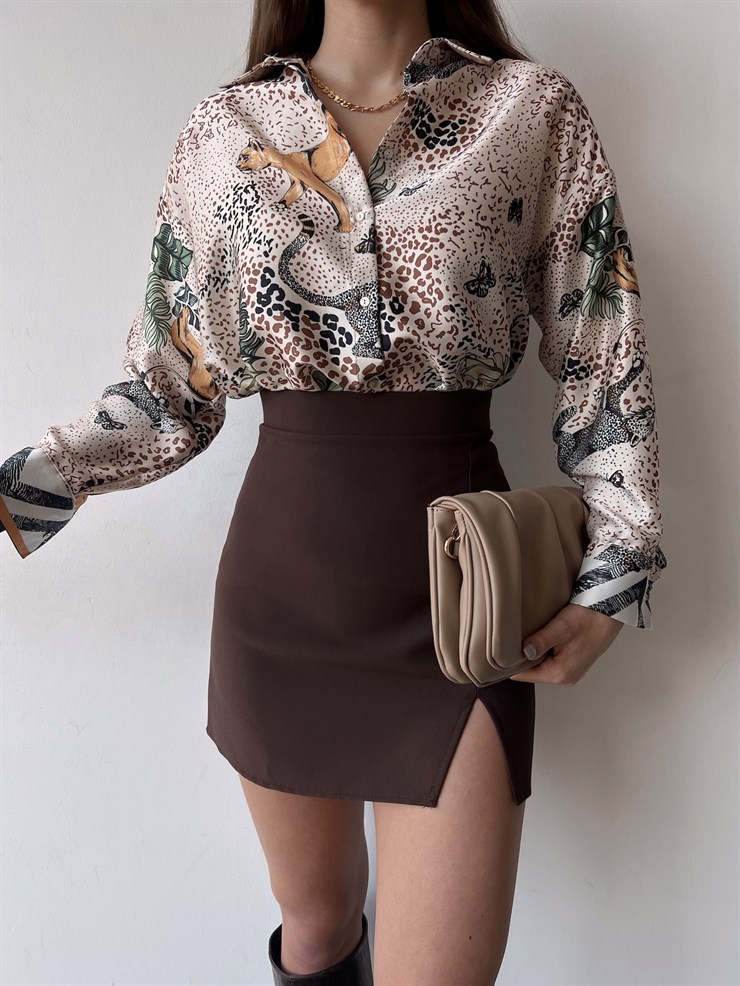 Desenli Ön Düğme Kapamalı Alisya Kadın Vizon Saten Gömlek 23K000382