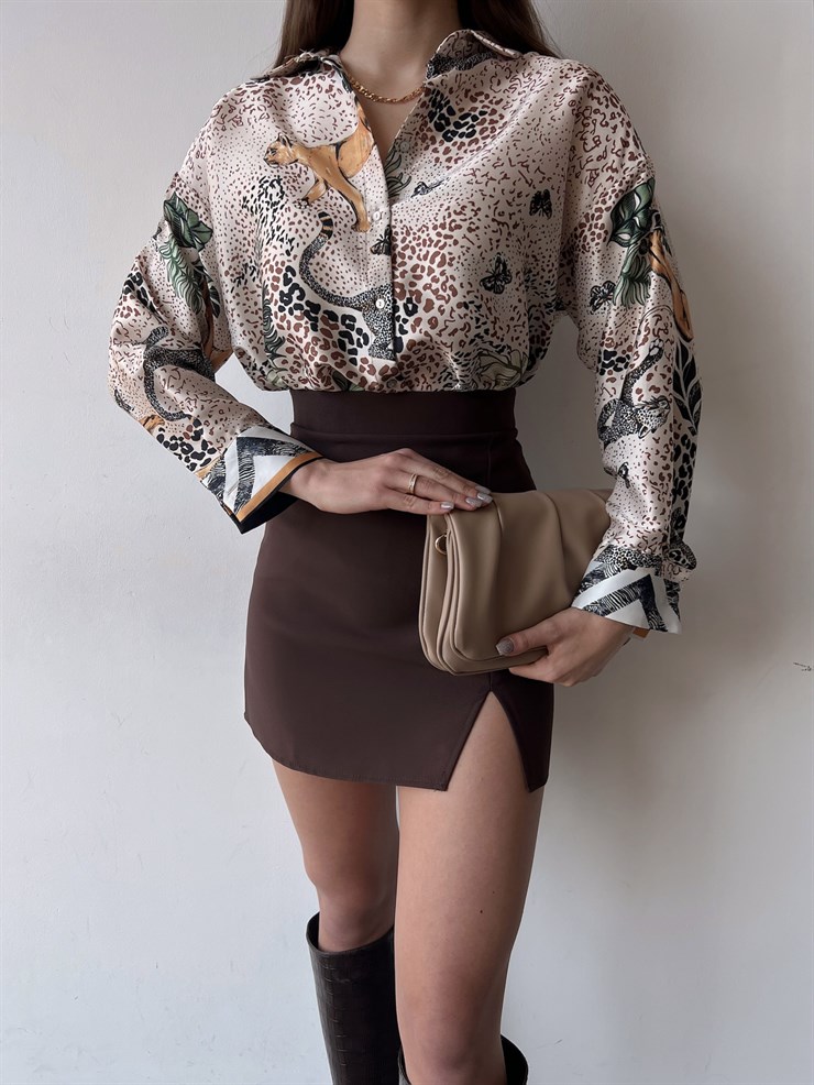 Desenli Ön Düğme Kapamalı Alisya Kadın Vizon Saten Gömlek 23K000382