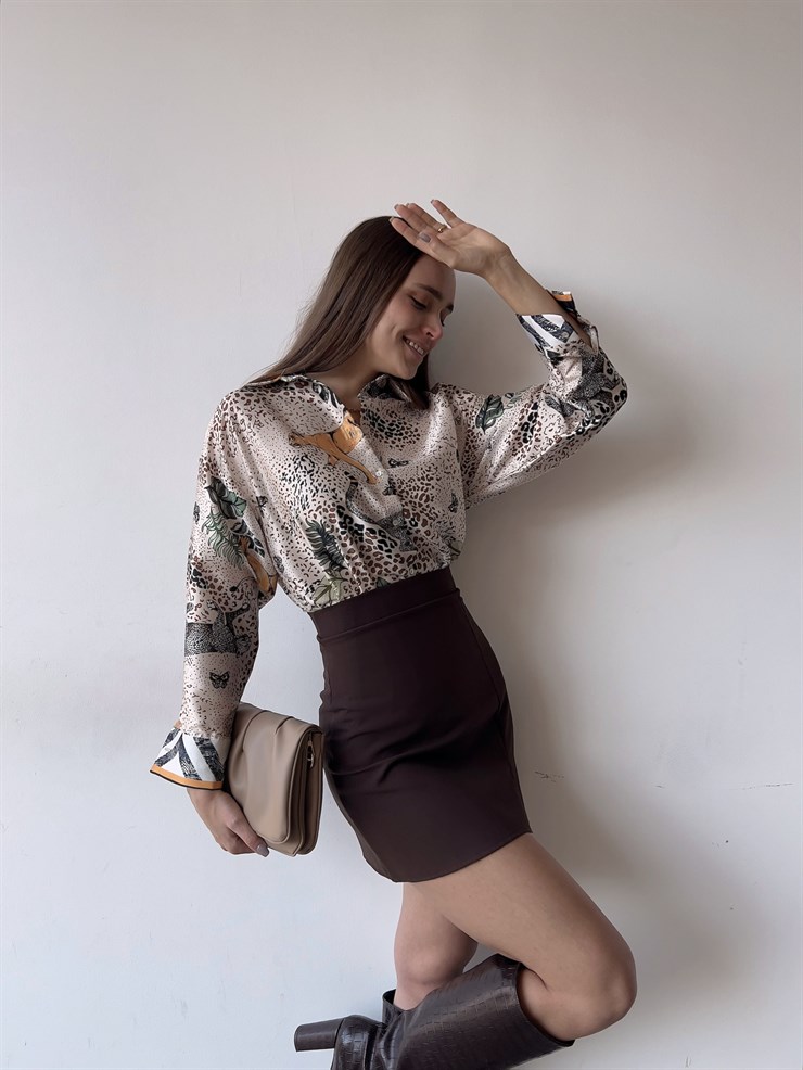 Desenli Ön Düğme Kapamalı Alisya Kadın Vizon Saten Gömlek 23K000382