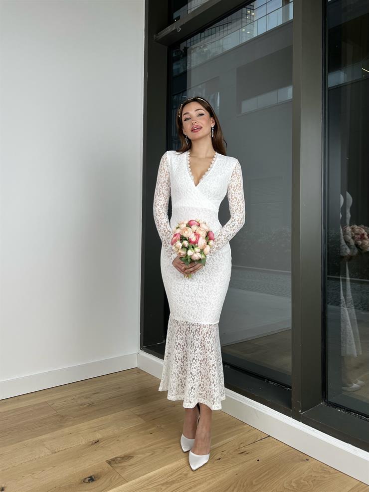 V Yaka dantelli Alita Kadın Ekru Elbise 24Y084