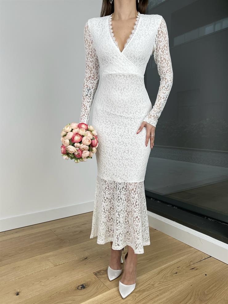 V Yaka dantelli Alita Kadın Ekru Elbise 24Y084