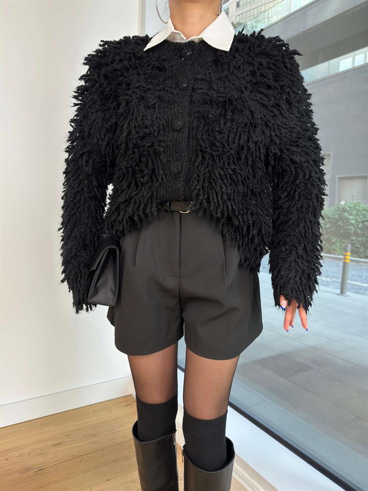 Önü Düğme Kapamalı Püskül Görünümlü Alja Siyah Kadın Örme Hırka 25K164