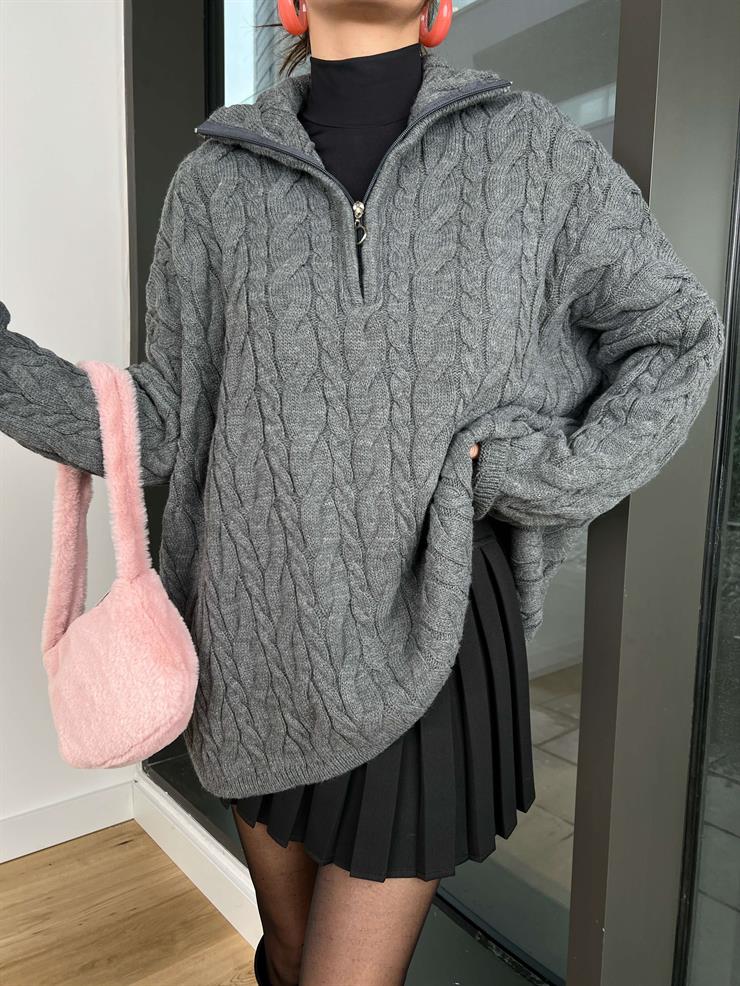 Önü Yarım Fermuarlı Oversize Allen Kadın Gri Kazak 24k429