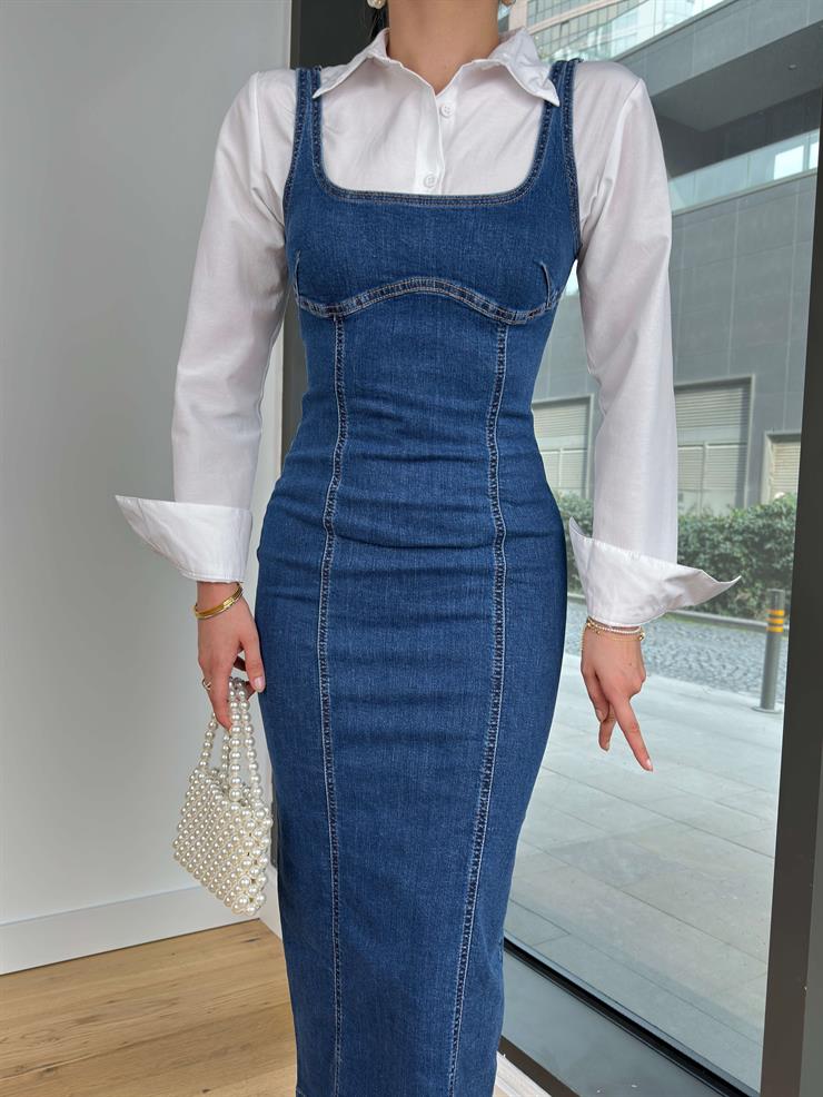 Kare Yaka Askılı Alleni Mavi Kadın Kot Elbise 25Y007