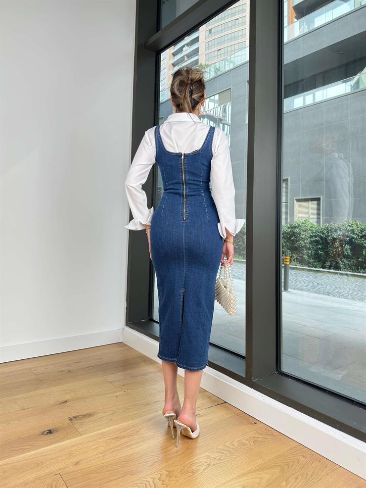 Kare Yaka Askılı Alleni Mavi Kadın Kot Elbise 25Y007