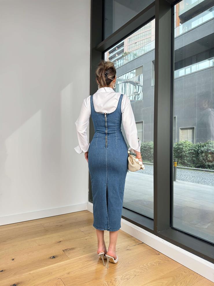 Kare Yaka Askılı Alleni Buz Mavisi Kadın Kot Elbise 25Y007