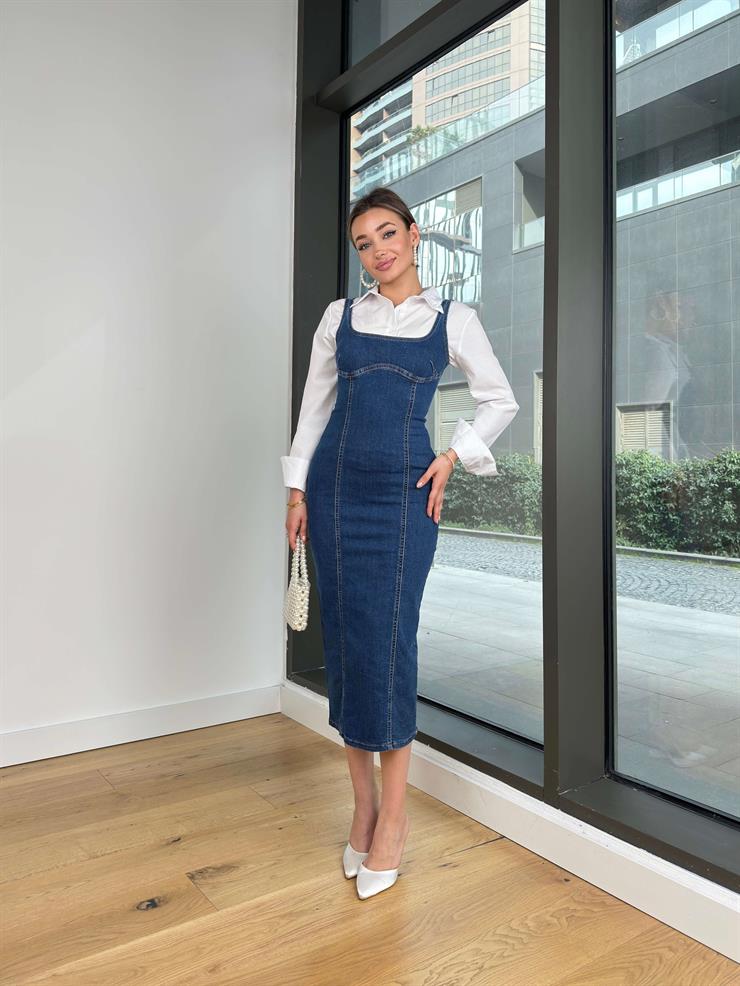 Kare Yaka Askılı Alleni Mavi Kadın Kot Elbise 25Y007