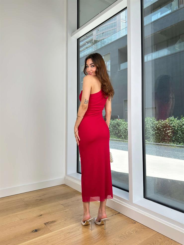 Tek Omuz Drape Detaylı Almeida Kadın Fuşya Midi Elbise 23Y000612