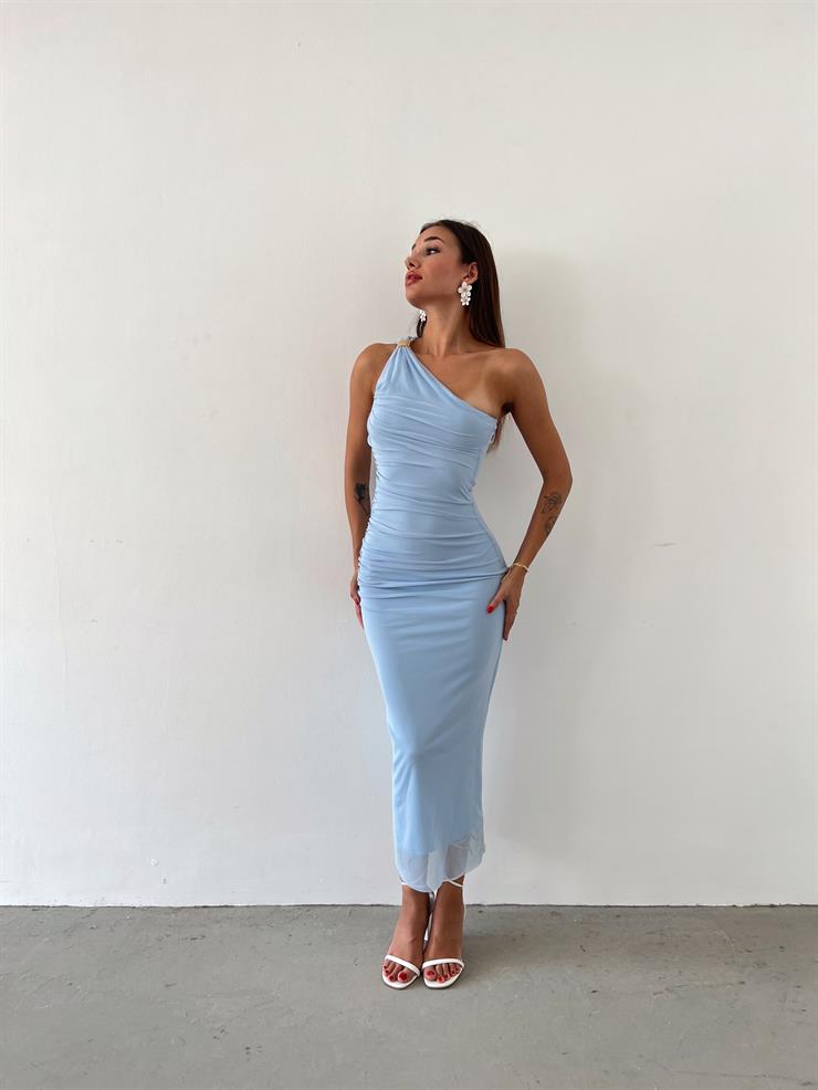 Tek Omuz Drape Detaylı Almeida Kadın Bebe Mavisi Midi Elbise 23Y000612